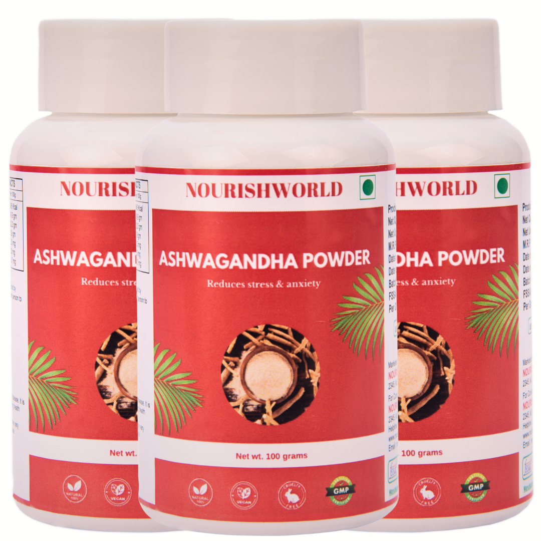NOURISHWORLD Organic Ashwagandha Root Powder 100g Support for Stress Free Living Herbal Supplement Vitality and Strength (pack of 3)