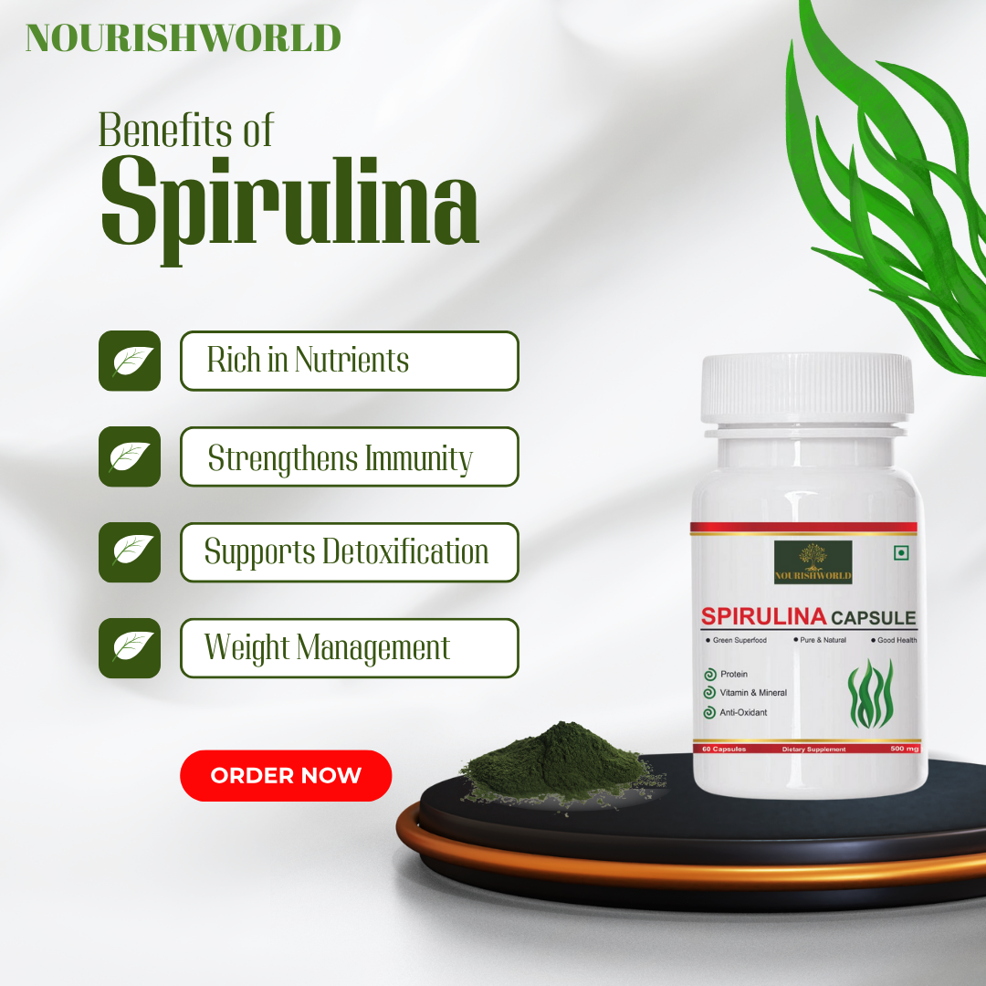 NOURISHWORLD | Spirulina Capsules 500mg for Men and Women | Green Superfood for weight management | healthy Heart | Immunity Booster Supplement