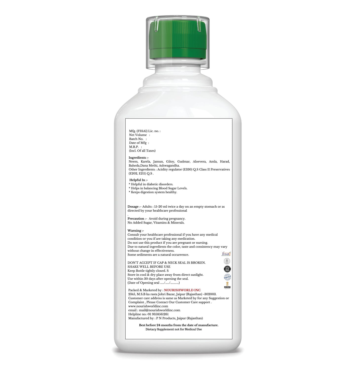 NOURISHWORLD | Diabetic Care Juice - 500 ml |with Neem Karela Jamun