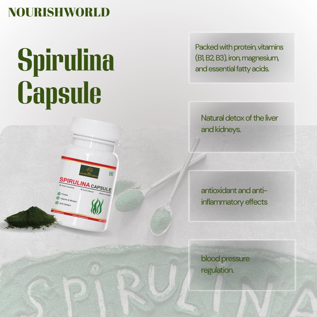 NOURISHWORLD | Spirulina Capsules 500mg for Men and Women | Green Superfood for weight management | healthy Heart | Immunity Booster Supplement