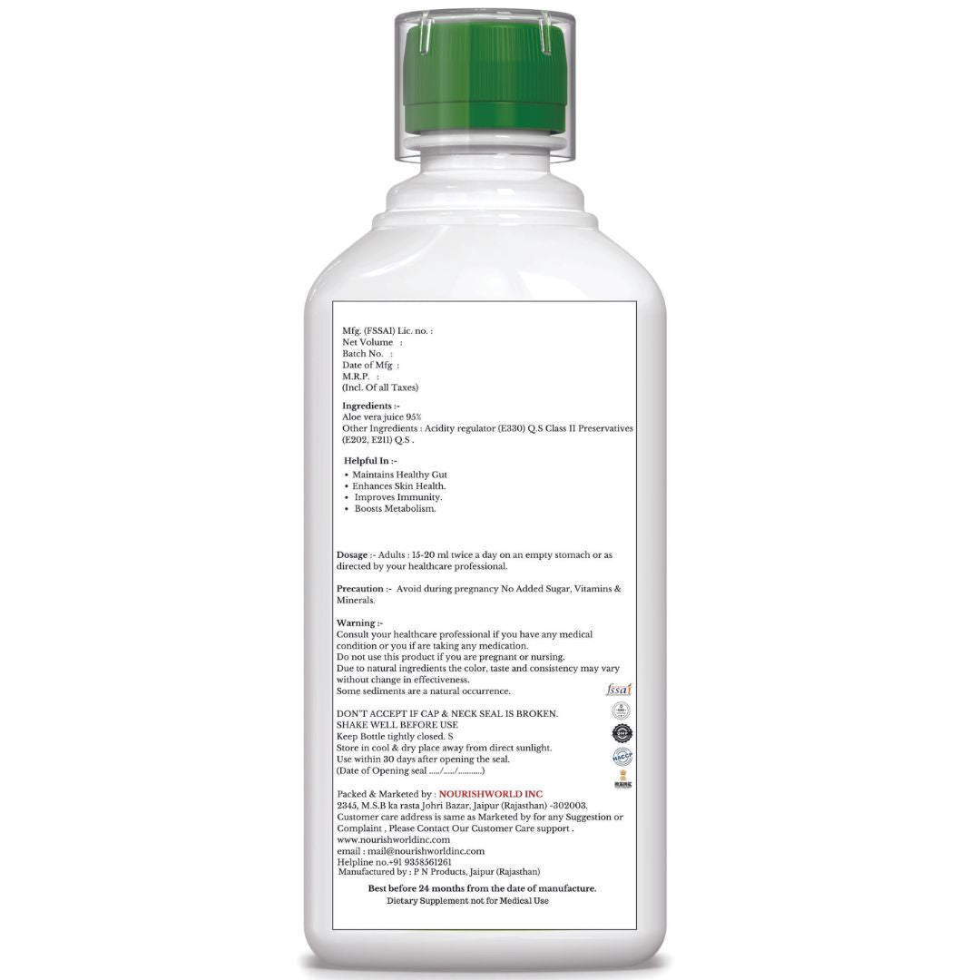 NOURISHWORLD | Aloe Vera Juice Rejuvenates Skin and Hair | Natural Juice for Skin Care | No Added Sugar