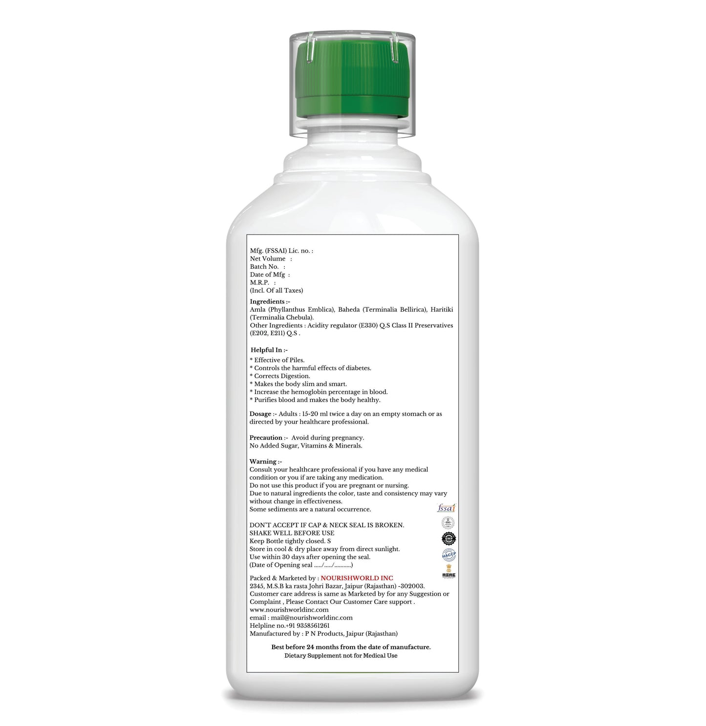 NOURISHWORLD | Triphala Juice 500ml | 100% Ayurvedic | Relieves Constipation & Improves Digestion | No Added Sugar