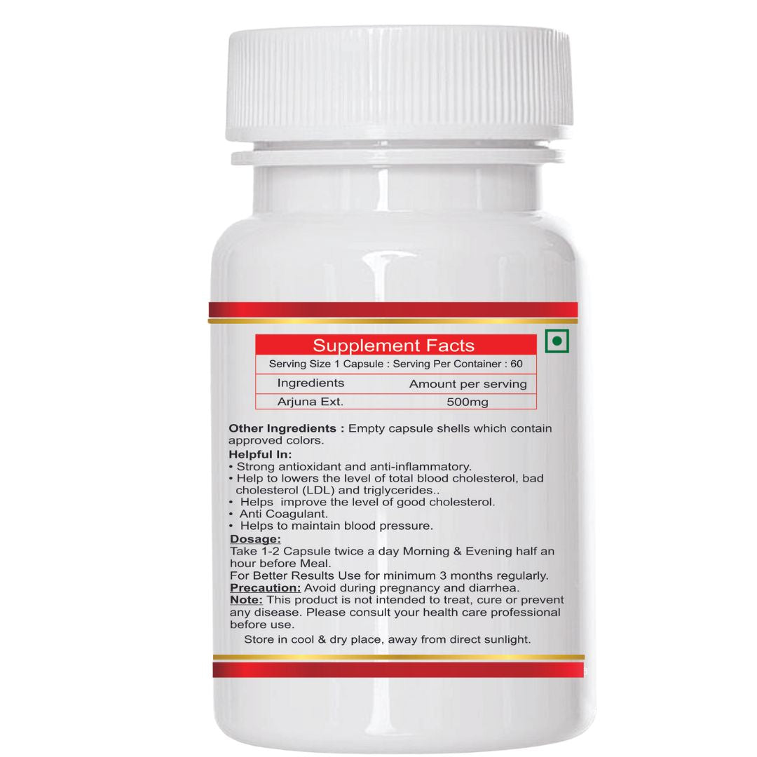 Arjuna Capsules 500mg Capsules | Arjun chal extract | Natural | Supports Heart Health | Manages Cholesterol Level